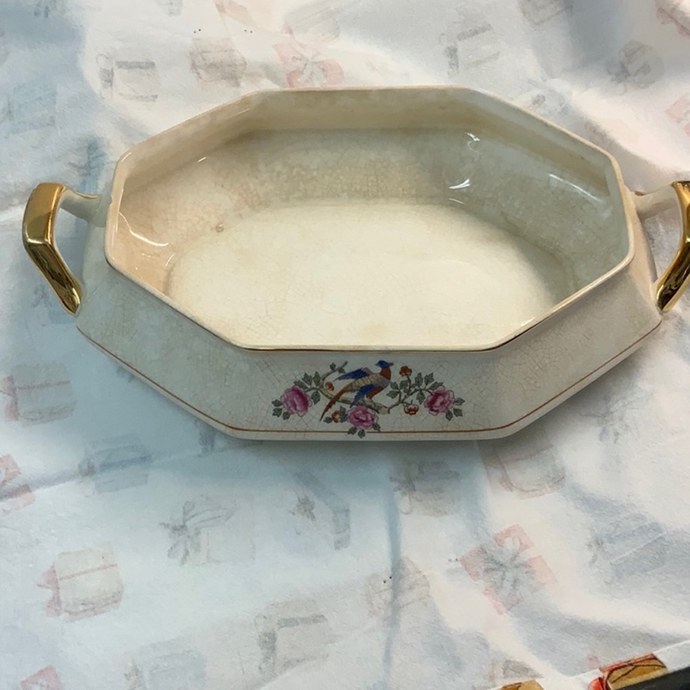 Vintage and Elegant Floral Serving Dish with Gold Handles